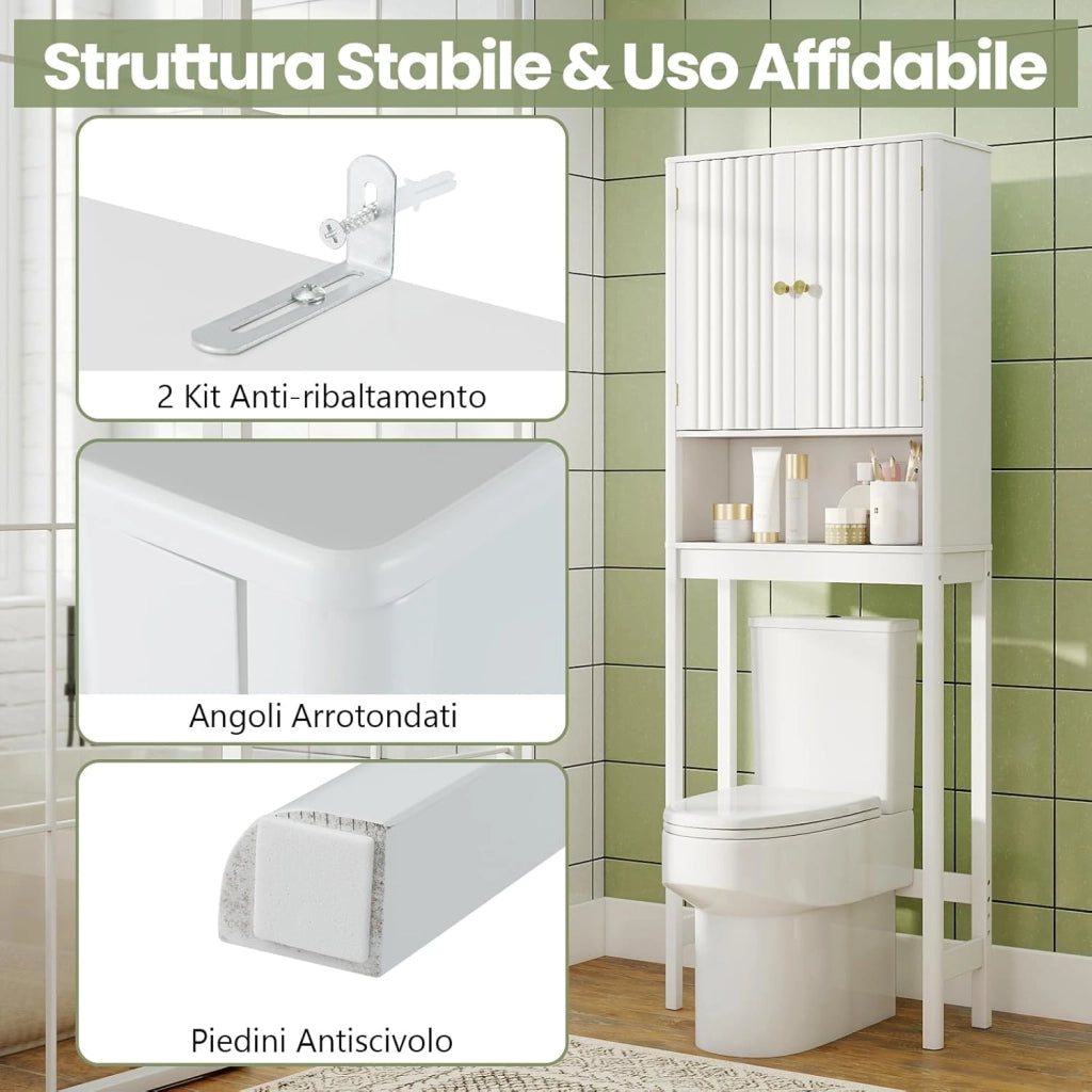 Mobile Bagno Sopra WC, Scaffale per Lavatrice Salvaspazio con 2 Ante, Mensola Aperta e Ripiano Regolabile, Armadietto Sopra Gabinetto in Legno, 60 x 23 x 168 cm (Bianco)