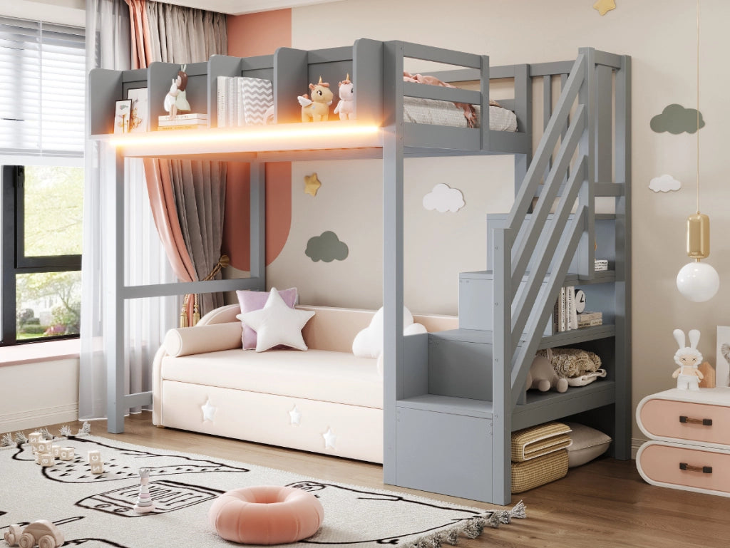 Letto a soppalco ULEVR 90x200 cm con LED, barriera di sicurezza, vani portaoggetti e scala, grigio