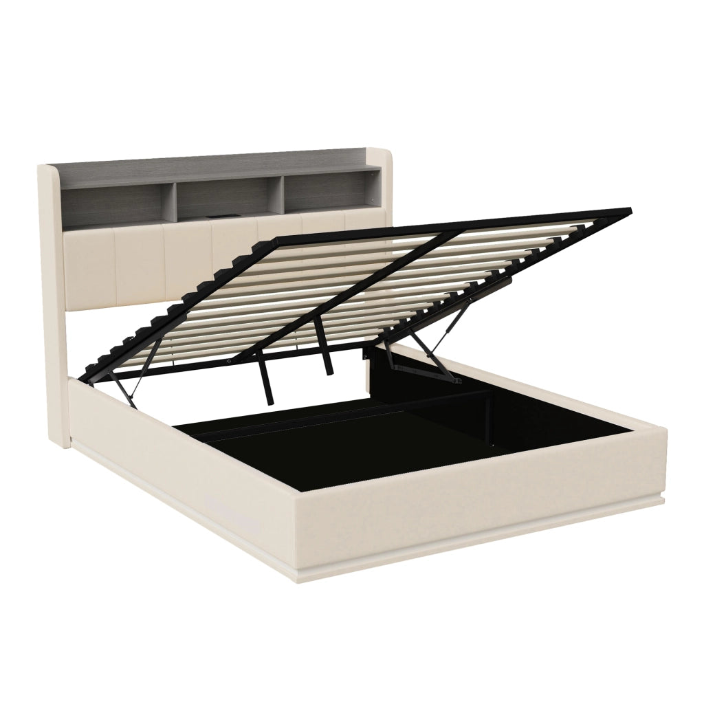 Letto matrimoniale contenitore idraulico 160x200 cm, rivestimento velluto beige, testiera con vani, LED RGB, porte USB‑A e USB‑C, capacità 350kg