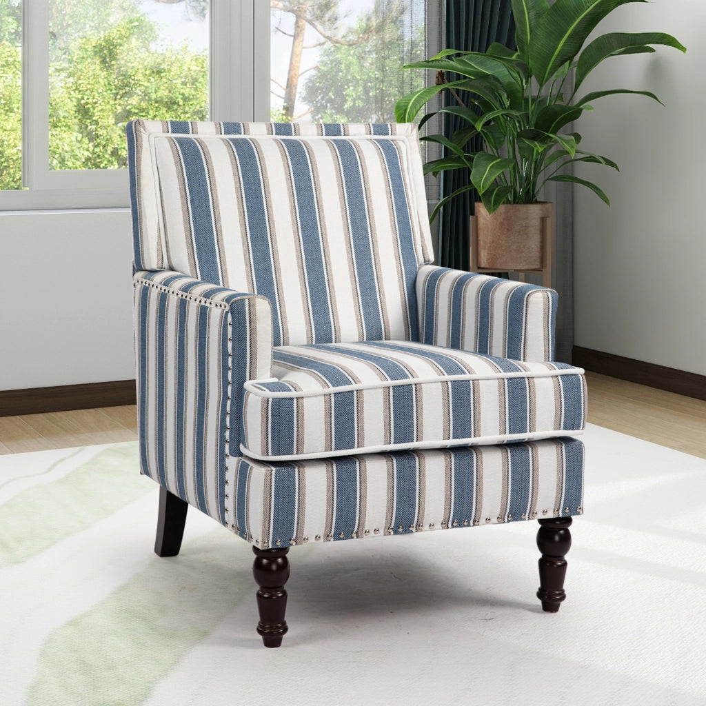 Poltrona Accent Imbottita ¨C MINIMAL ¨C Tessuto Lino Righe Blu/Bianco, Soggiorno