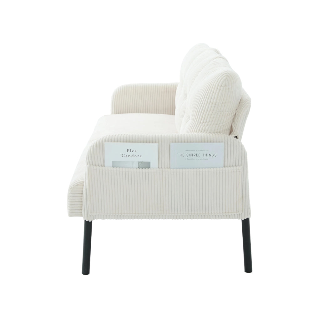 Divano tre posti beige in velluto a coste con schienale ergonomico e tasca laterale capiente