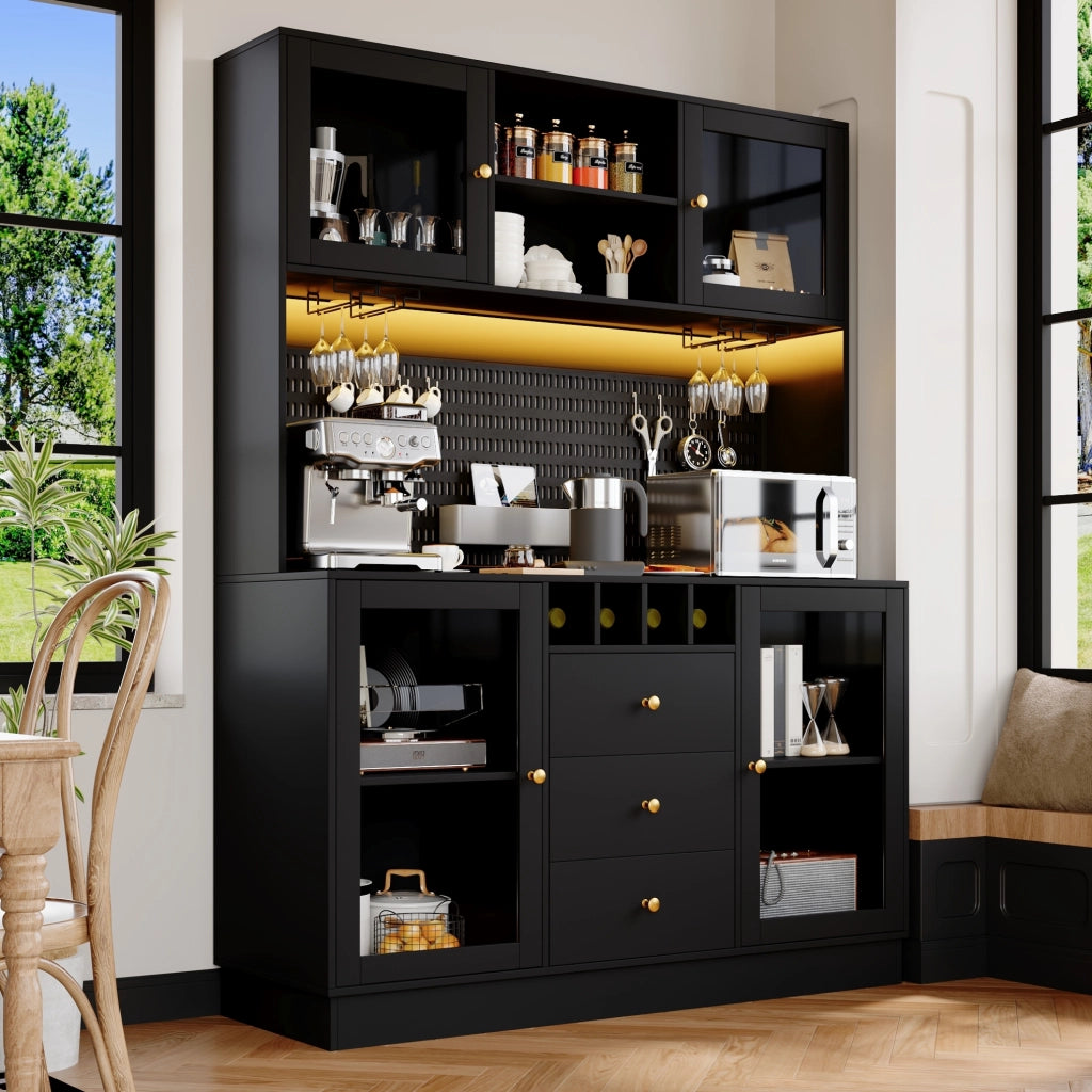 Colonna cucina con LED smart, portabottiglie e vetro, nera