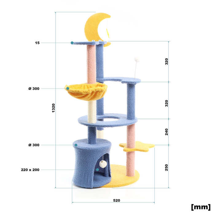 Fudajo Albero tiragraffi con luna e stelle 132cm blu e giallo Con casetta per gatti e sisal