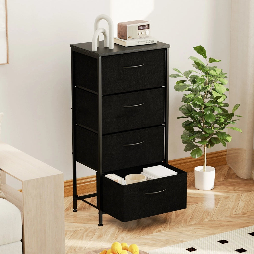 Cassettiera con 4 cassetti torre portaoggetti in tessuto con piano in legno, Cassettiera maniglie facili da tirare Nero-Comodini