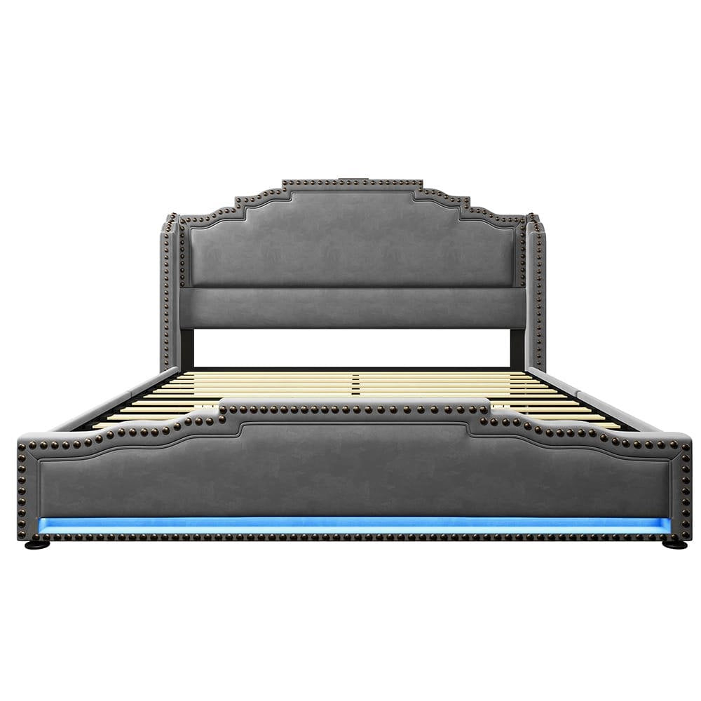 Letto matrimoniale-Xylo-160x200 cm-4 cassetti, LED, USB-C, velluto grigio, con materasso