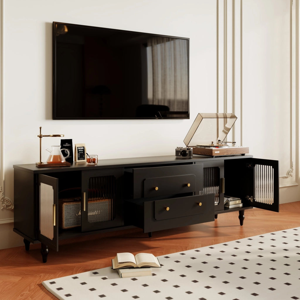 Mobile TV con 4 Ante in Vetro Rigato e Cassetti Push to Open; in Truciolato; 177 × 38 × 55.5 cm; Nero