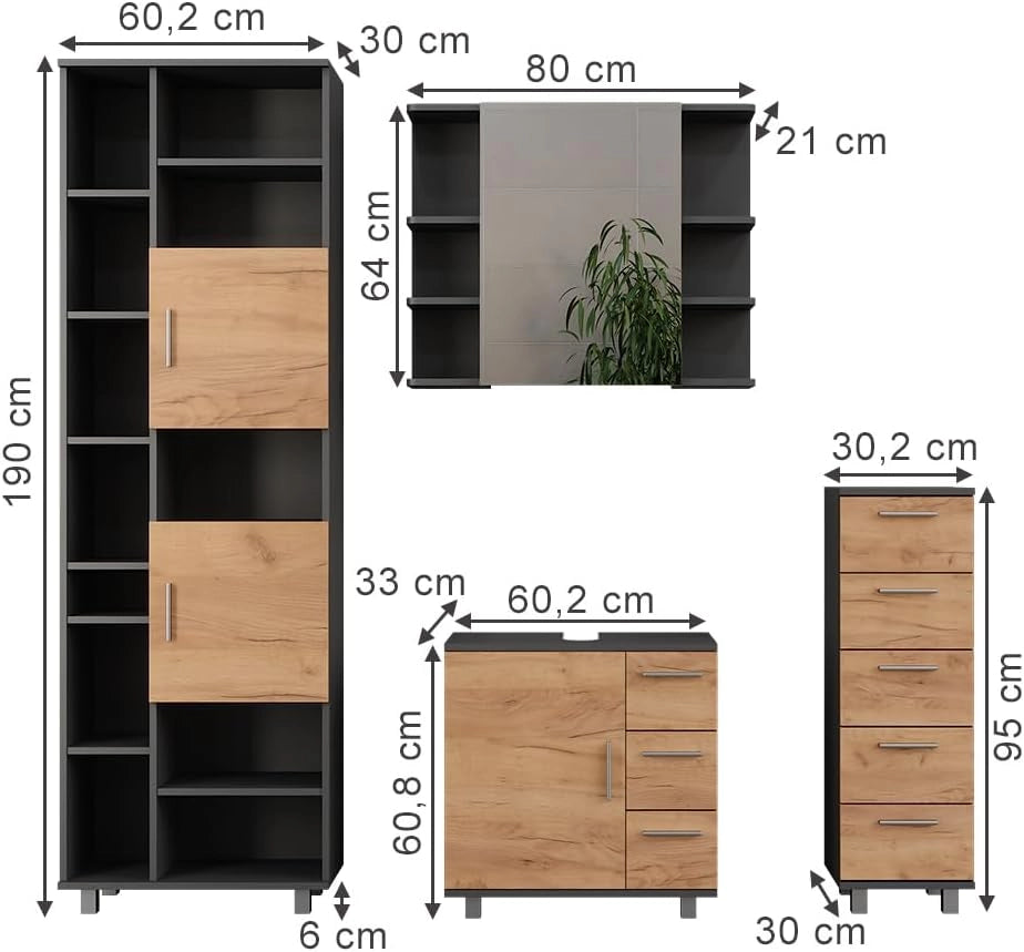 Set di mobili da bagno Ilias, Antracite/quercia dorata, 60.2 cm, composto da mobile lavabo, pensile a specchio, colonna e base media