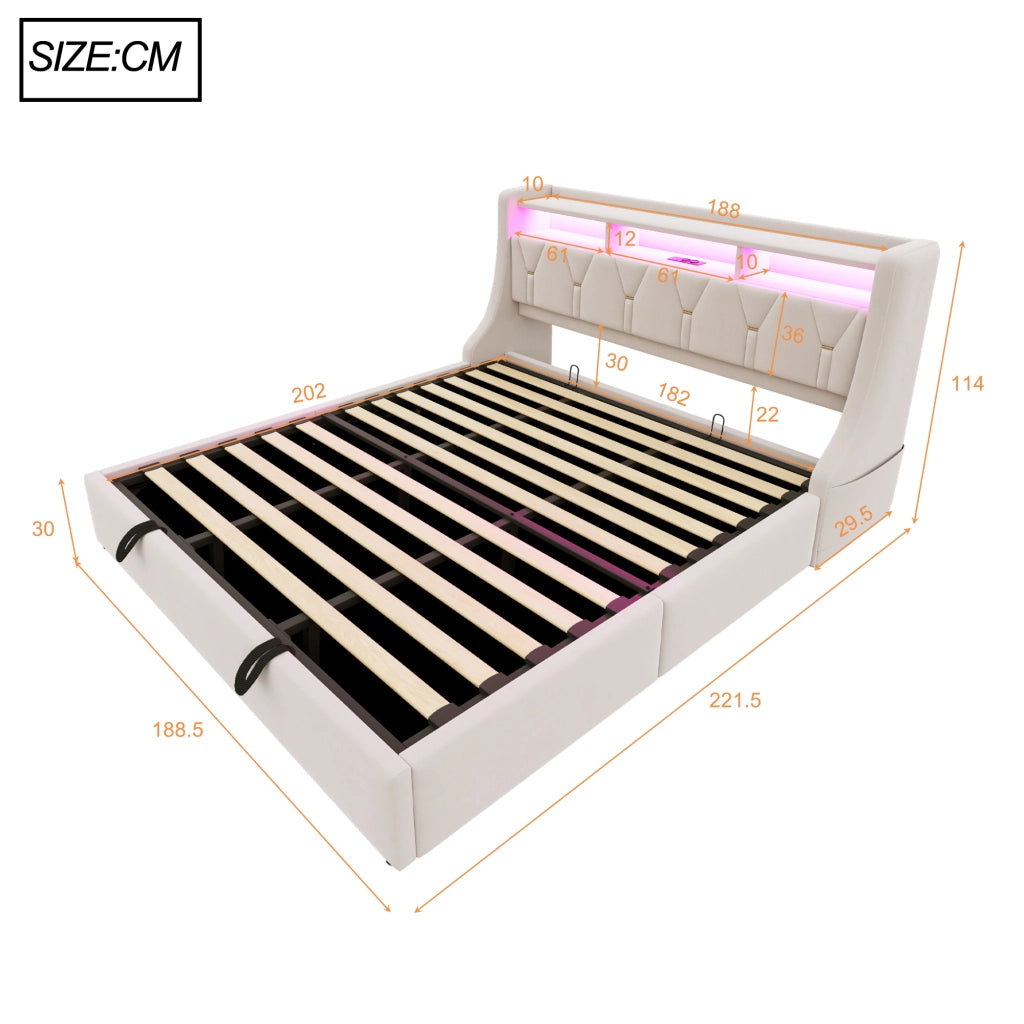 Letto matrimoniale contenitore 180x200 cm con testiera ribaltabile; prese; LED e piedi maggiorati; velluto beige