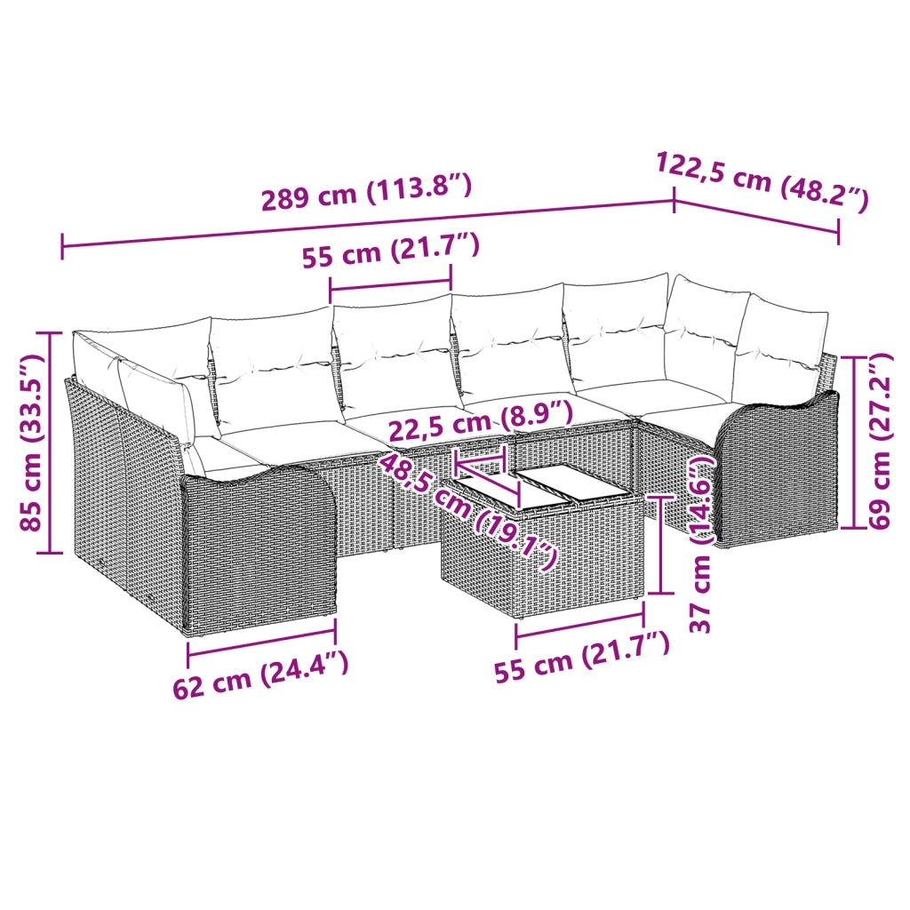 Set Divano da Giardino  8 Pezzi con Cuscini Beige Polyrattan