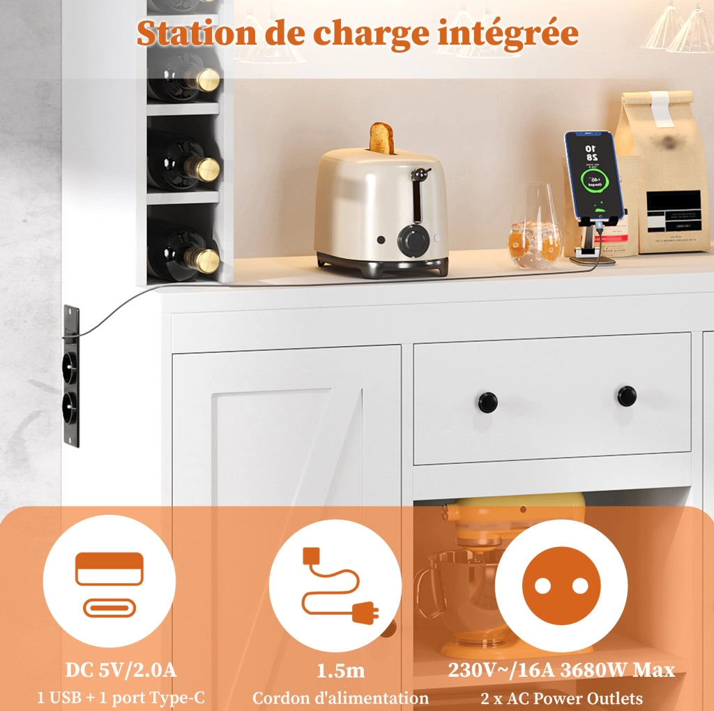 Buffet cucina con LED controllato da app; prese integrate; 180 x 105 x 40 cm; bianco