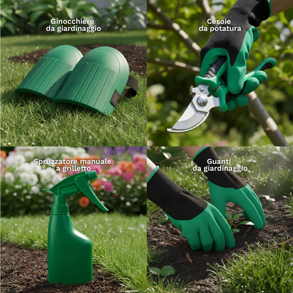 Set Attrezzi da Giardinaggio 10 Pezzi  – Kit Completo con Paletta, Trapiantatore, Forchetta, Rastrello, Forbici da Potatura, Guanti, Spruzzino e Ginocchiere – Attrezzi Giardino con Manico Ergonomico