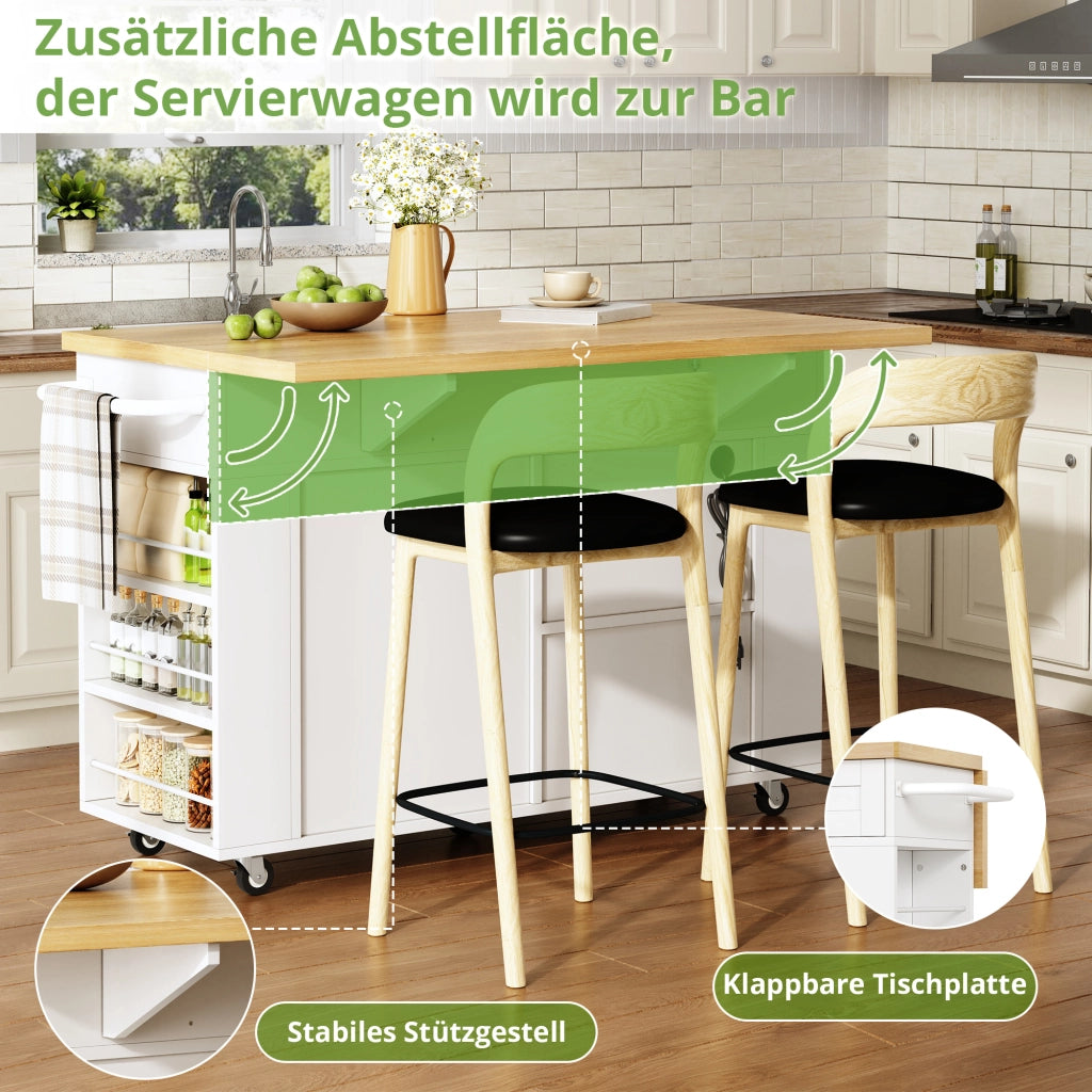 CARRELLO ISOLA CUCINA Pieghevole 120x45(70)x84 cm MDF Bianco/Naturale