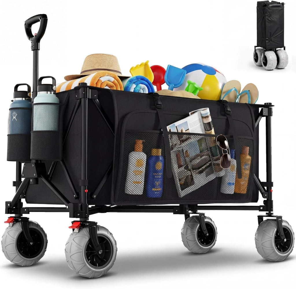 Carrello da Spiaggia Pieghevole 200L 150KG, Carrello Spiaggia per Tutti i Terreni con Ruote PU Extra Larghe 21.5x10 cm, Carretto Pieghevole Maniglia Regolabile 90° per Spiaggia, Campeggio(Nero)