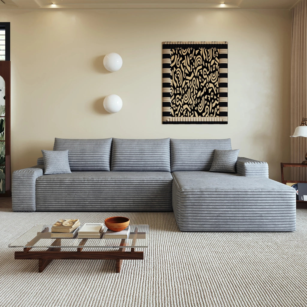 Divano angolare modulare con chaise longue in tessuto a coste e schiuma ad alta elasticità grigio