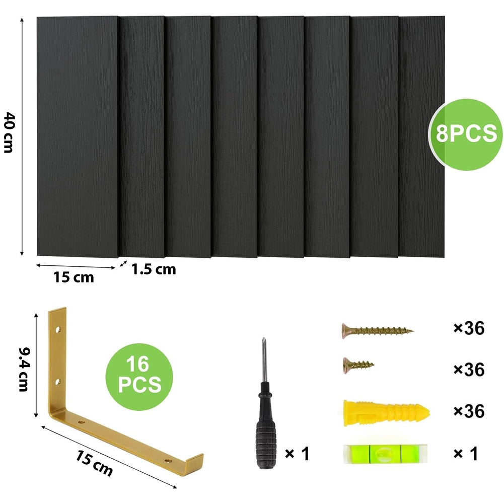 Set 8 Mensole da Parete in Legno Nero e Staffe Oro Scaffalatura da Muro 40x15cm