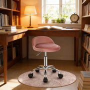 Sgabello da ufficio girevole con schienale basso regolabile ruote e base in metallo cromato velluto rosa