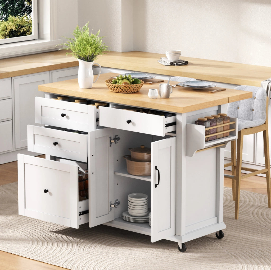 Isola da cucina 107x45-70x90.5 cm con piano estraibile in MDF bianco e naturale