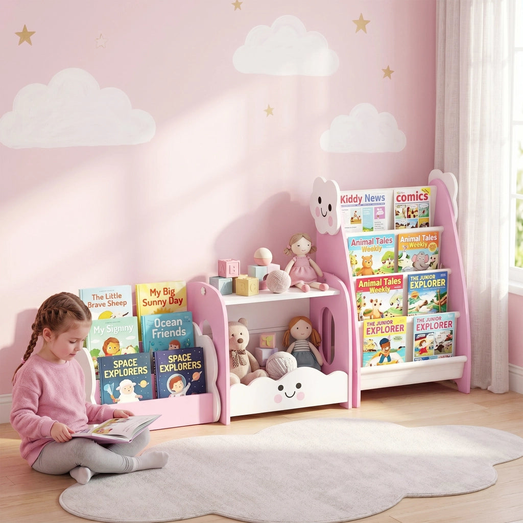 Libreria Modulare Bambini 3-in-1 con Scaffale ¨C Xylo ¨C Rosa con 4 Tasche e Comodino