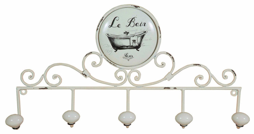 Biscottini Appendino da muro "Le Bain" in ferro battuto finitura bianca anticata 48x6x26 cm
