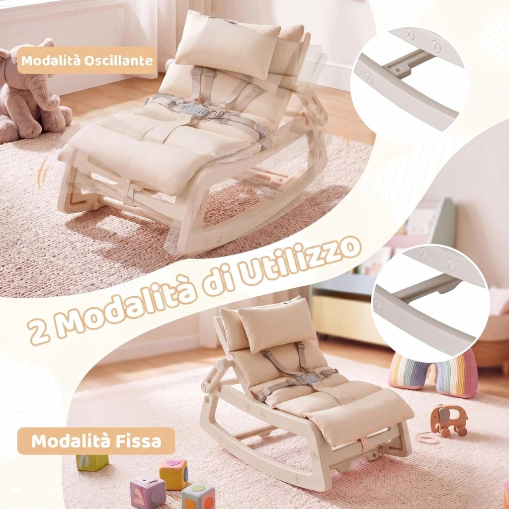 Sedia a Dondolo per Bambini, Sdraietta a Dondolo Imbottita con Schienale Regolabile, Cucino Morbido, Poggiatesta Rimovibile e Cintura 5 Punti, Portata 80 kg, per Bambini 6+ Mesi (Beige)