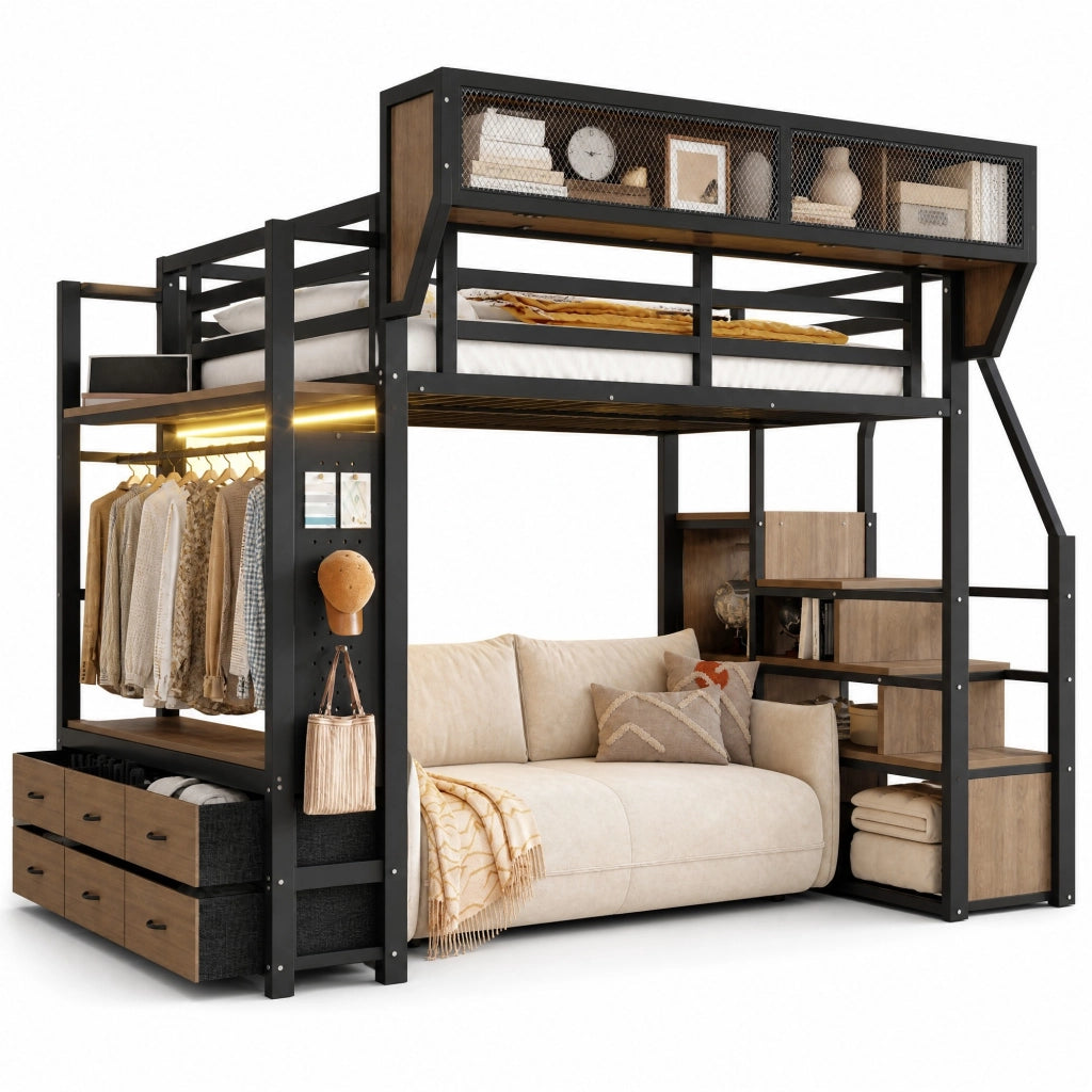 Letto a soppalco in metallo 140x200 cm con LED; ripiani; ganci e scale contenitore; nero