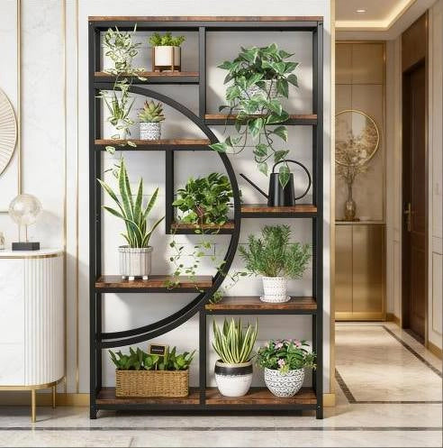 Libreria geometrica a 9 ripiani aperti in metallo e finitura legno
