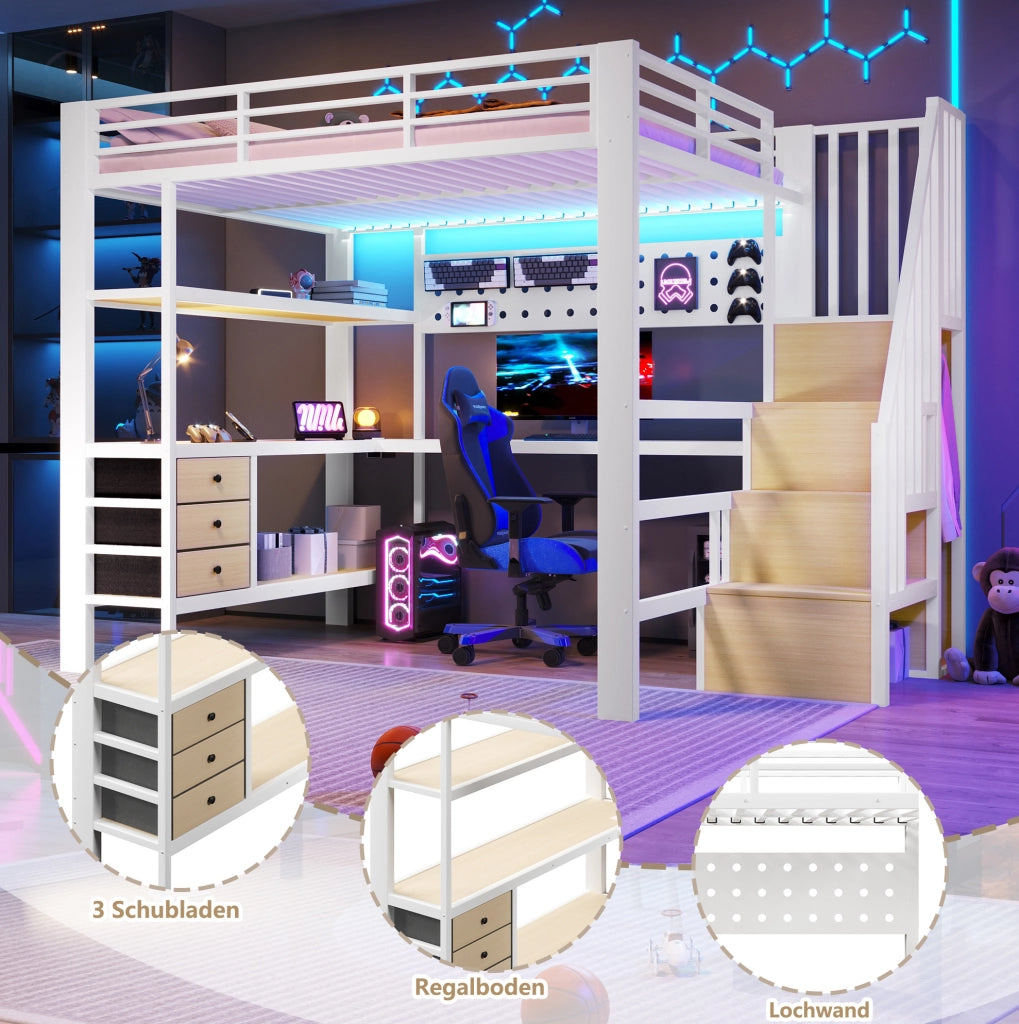Letto a soppalco 140x200 cm con scrivania, LED e cassetti