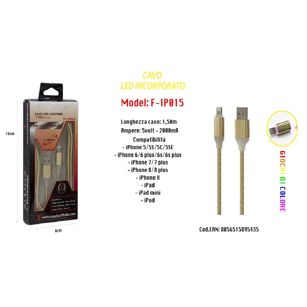 Trade Shop - Cavo Ricarica Led Incorporato Per Iphone Ipad Ipod 5volt-2000ma Maxtech F-ip015 -