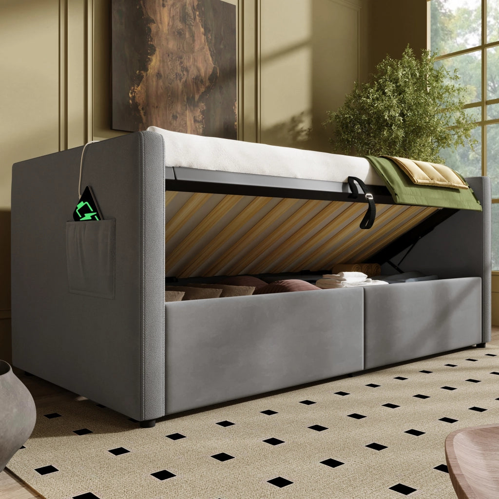 LETTO Divano letto 90x200 cm in velluto grigio con contenitore e USB Type-C