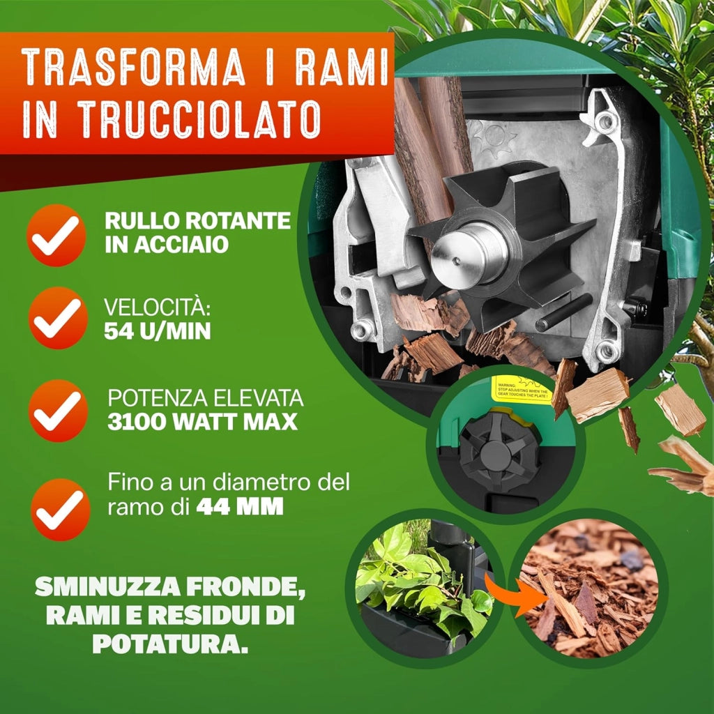 ® Trituratore Elettrico Silenzioso a Rullo 3100W Biotrituratore Sacchi di Raccolta 2x60L Tritatutto da Giardino