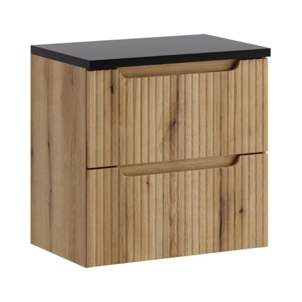 Set da bagno sospeso VANO in rovere chiaro e nero 60cm: mobile sotto lavabo con cassetti + piano per lavabo