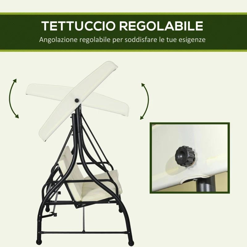 DONDOLO LETTO DA GIARDINO 3 POSTI CON TETTUCCIO REGOLABILE, IN ACCIAIO E POLIESTERE, 195X117X175 CM, CREMA E NERO