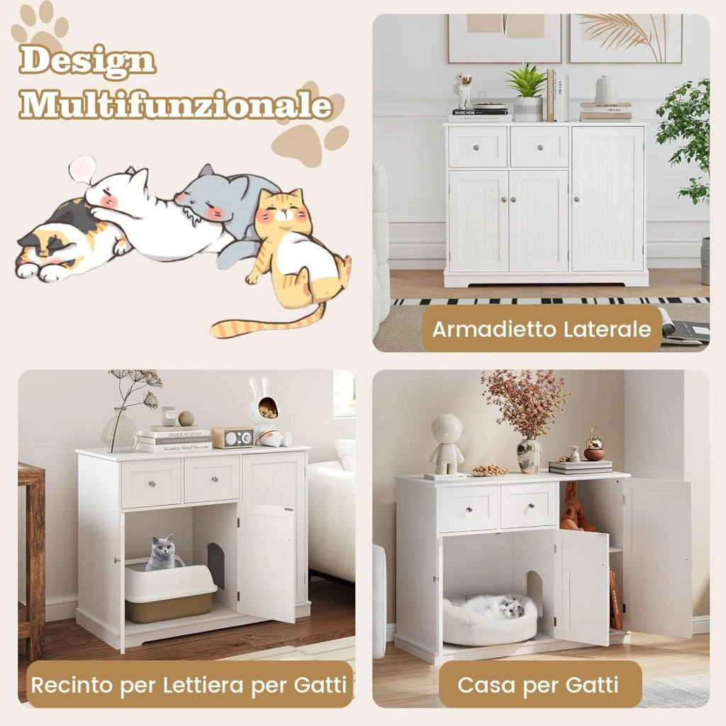 Lettiera Nascosto per Gatti, Mobile Laterale per Gatti con 2 Cassetti, 3 Porte e Dispositivi Anti-Ribaltamento, Armadio Moderno per Animali Domestici, Bianco