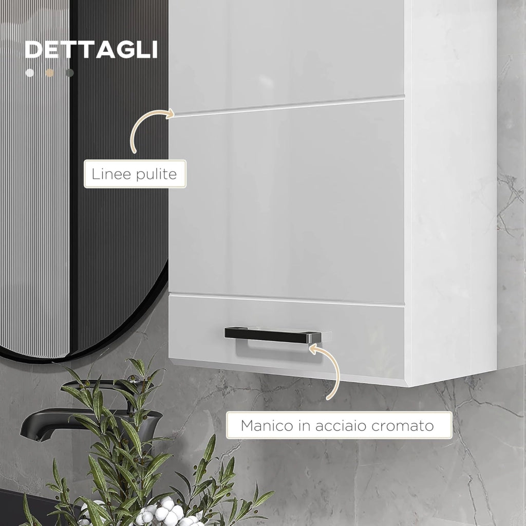 Mobiletto Bagno in MDF a 3 Ripiani con Ripiano Superiore Regolabile, Armadietto Bagno con Montaggio a Parete, 37x22.5x70 cm, Bianco Lucido
