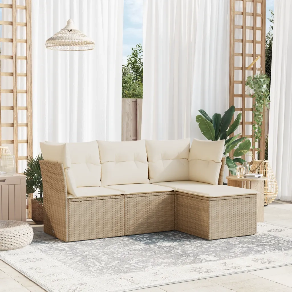 Set Divano da Giardino 4 pz con Cuscini Beige in Polyrattan