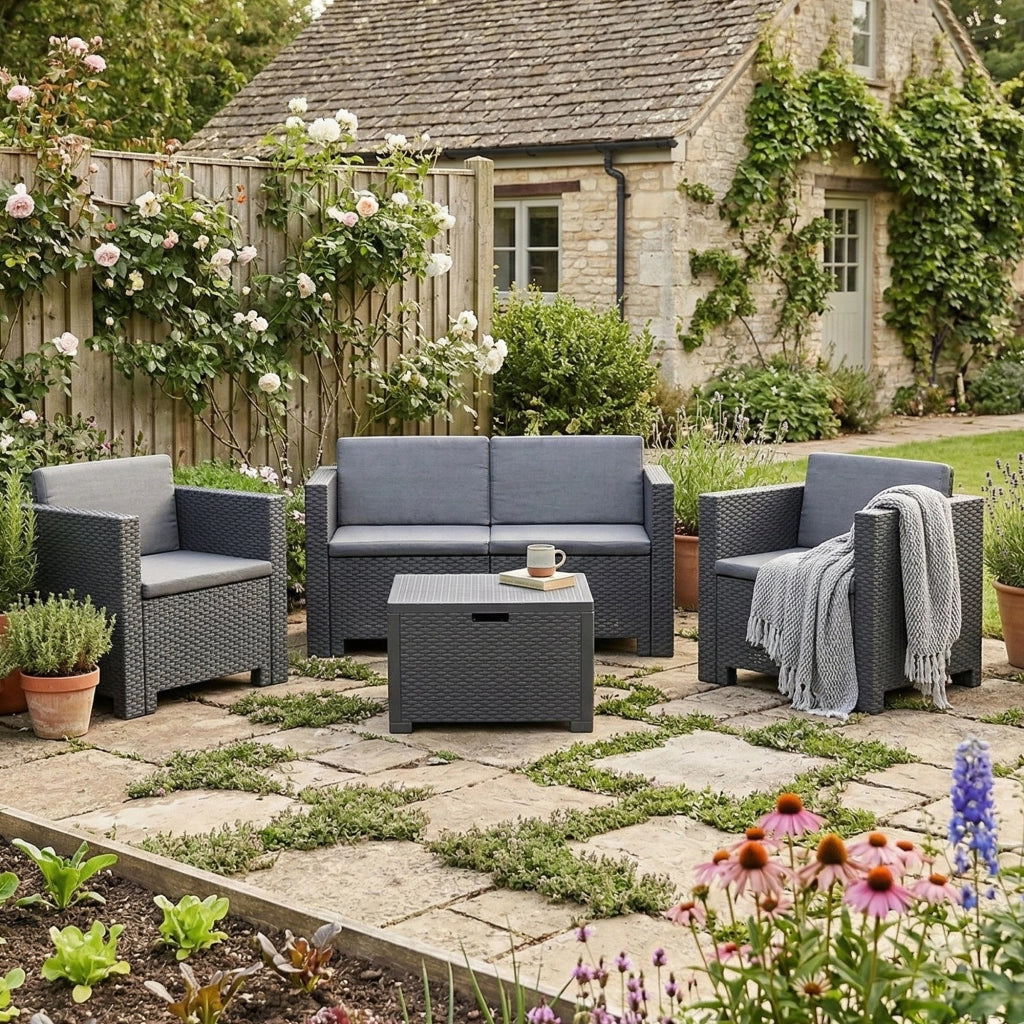 Set salotto da esterno Camisano, Salottino outdoor, Set da balcone o giardino, Composizione soggiorno per esterni, Made in Italy, Antracite