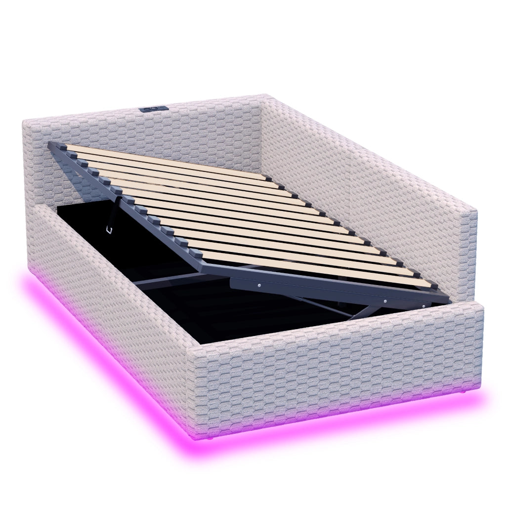 Letto Imbottito 90x200 cm in Velluto Grigio con Contenitore Idraulico; LED e Prese USB/Type-C