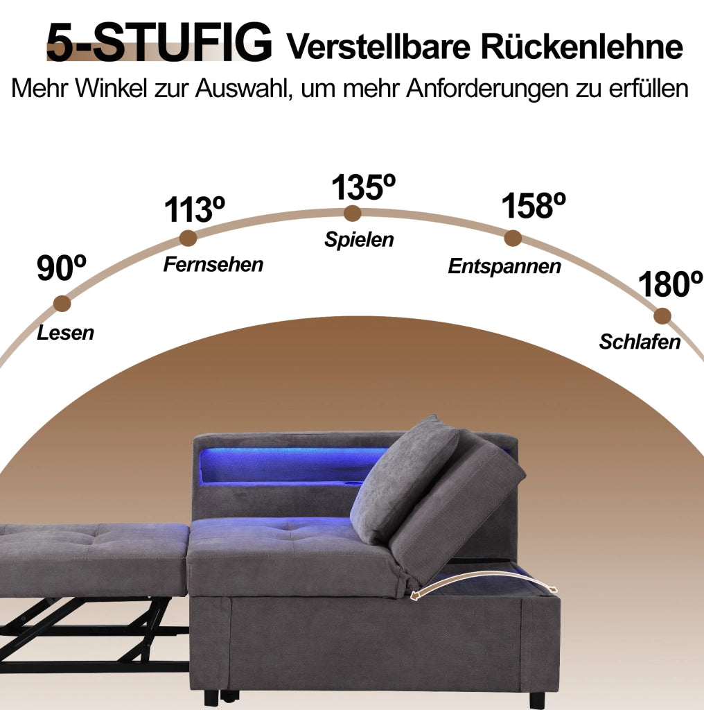 Divano letto trasformabile 3 in 1 grigio scuro con LED e porte USB