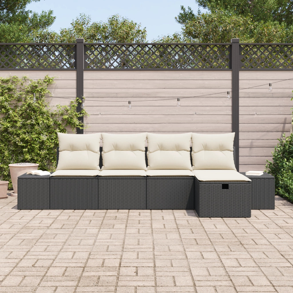 Set di Divani da Giardino da 5 Pezzi con Cuscini in Rattan Polyrattan Nero