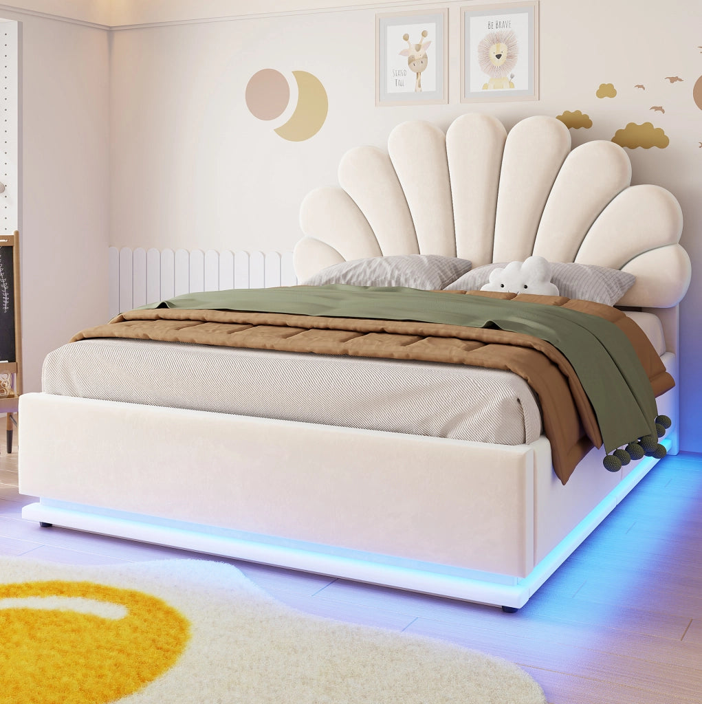 Letto imbottito beige 140 x 200 cm con vano contenitore e luci LED