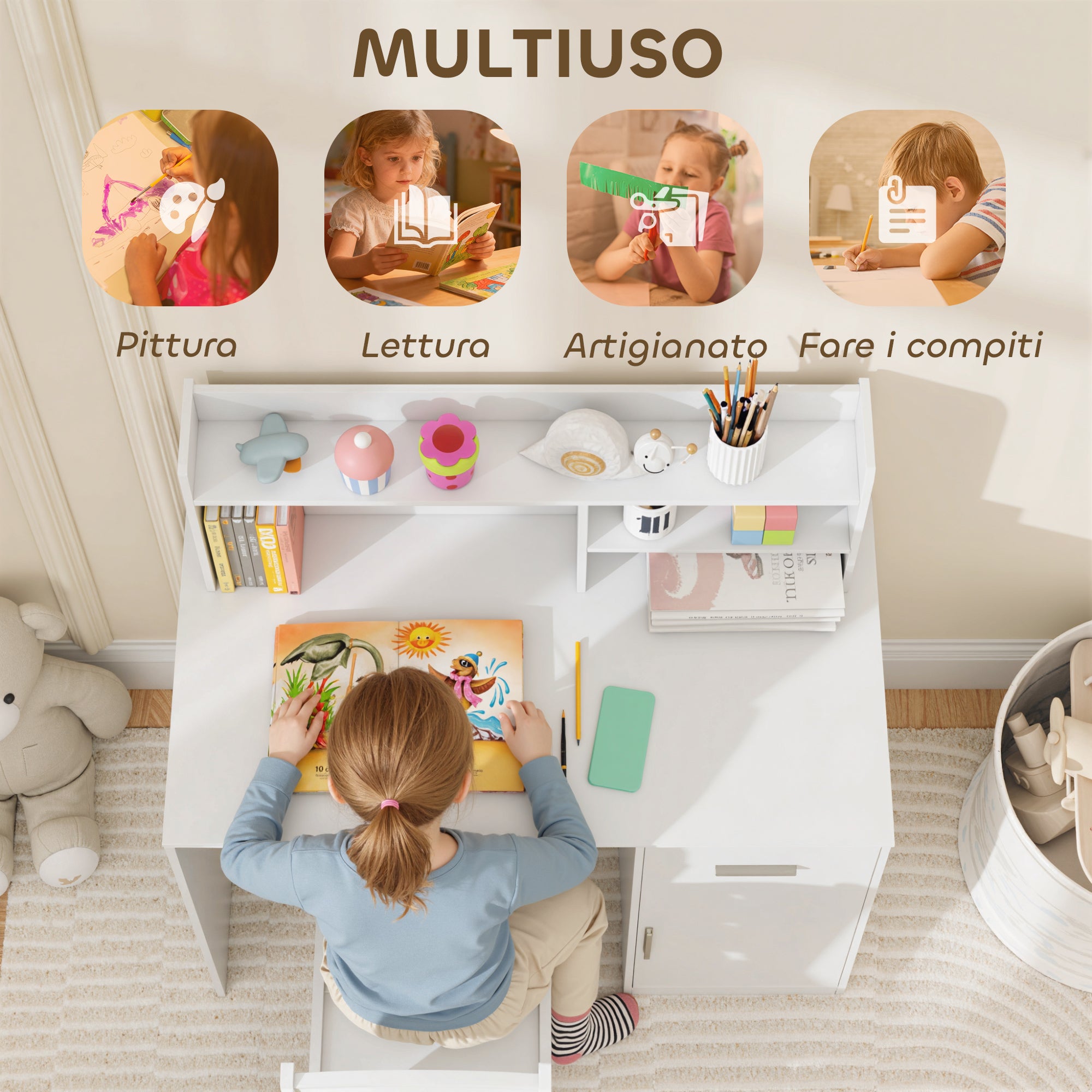 Set Scrivania e Sedia per Bambini con Scaffali Armadietto Cassetto in MDF Bianco