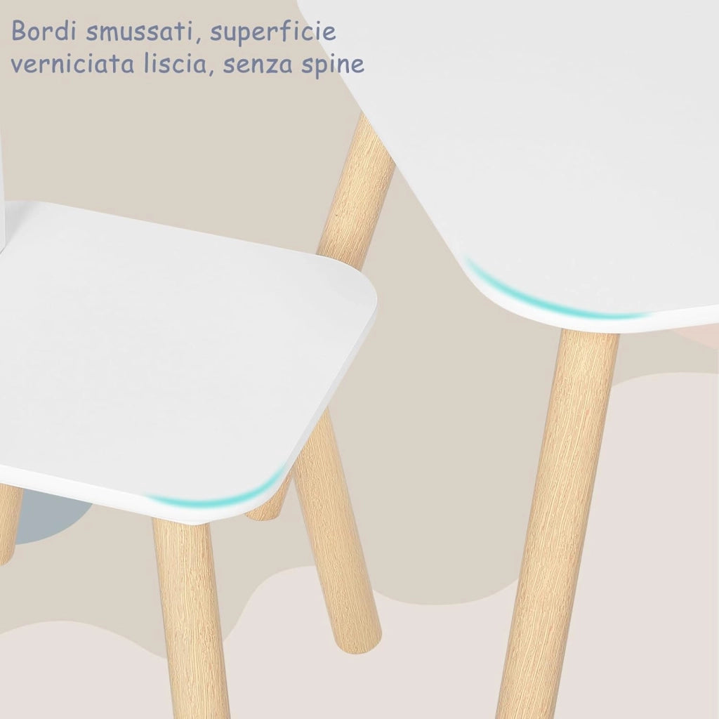 Tavolino e Sedie per Bambini con 2 Sedie, per Mangiare e Dipingere, Forma di Coniglio, Cameretta, Asili Nidi, in MDF e Legno Massello, Bianco e Venature Legno