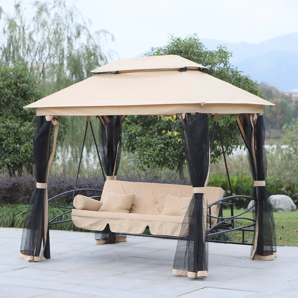 Altalena da giardino Hollywood con pannelli laterali 3 posti ¨C zephmum ¨C beige 256x172x248 cm