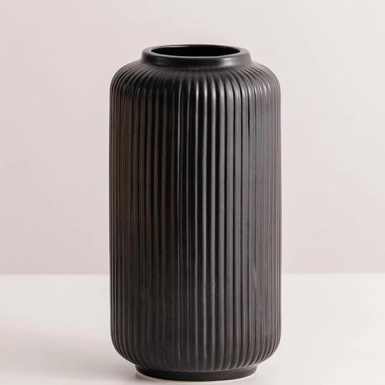 Vaso con righe orizzontali nero 20 cm alto, vasi moderni in ceramica per decorazione di tavolo da interni, vasi decorativi per pampas.