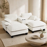 Divano modulare con vano contenitore, porte USB, portabicchieri, 2 pouf e 2 cuscini, in Chenille Beige