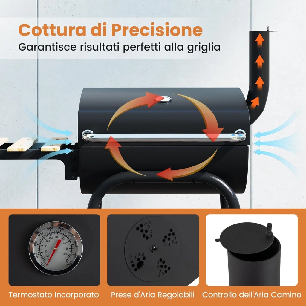 Barbecue a Carbonella con Ruote, Griglia a Carbone da Esterno con Coperchio, Termometro, Tavolo Pieghevole e Manico in Acciaio Inox, Barbecue Portabile per Giardino, Campeggio e Picnic