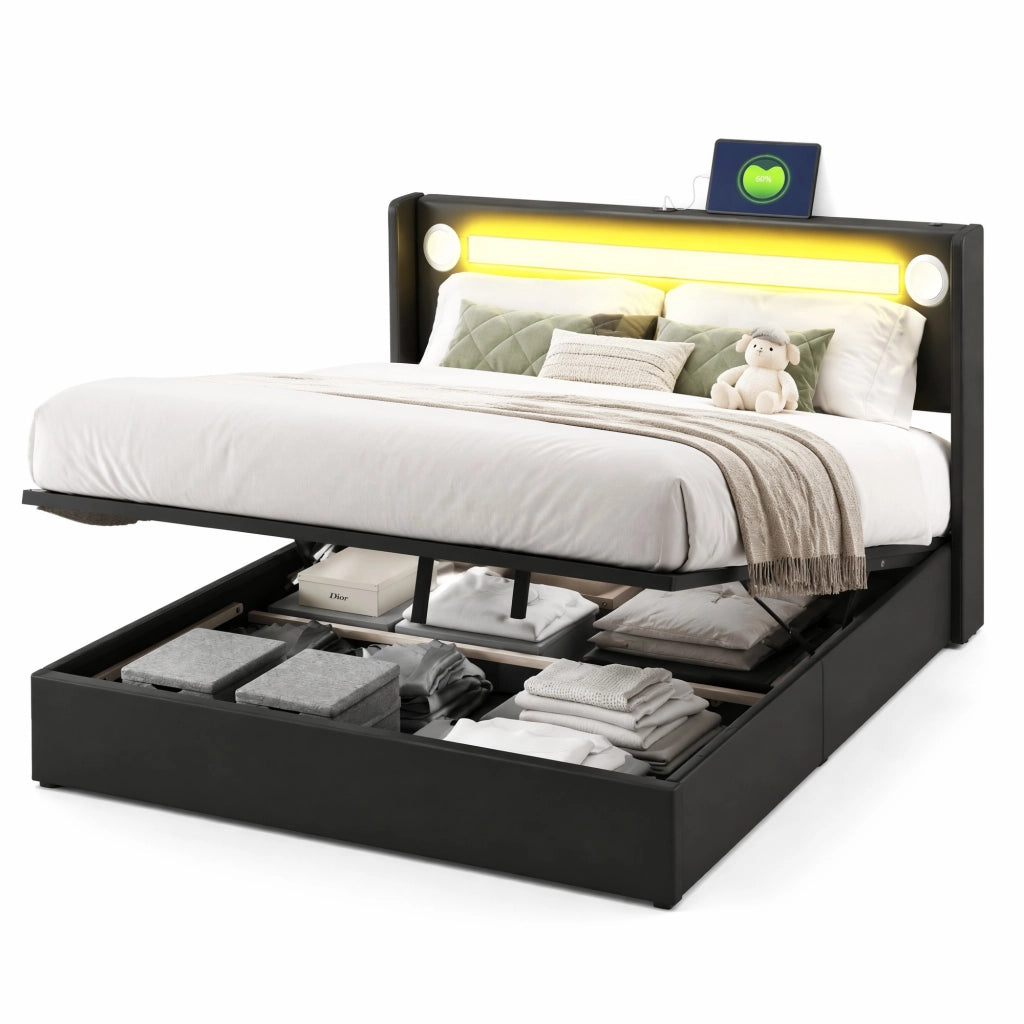 Letto imbottito contenitore matrimoniale 160x200 con LED; Bluetooth e USB; PU nero