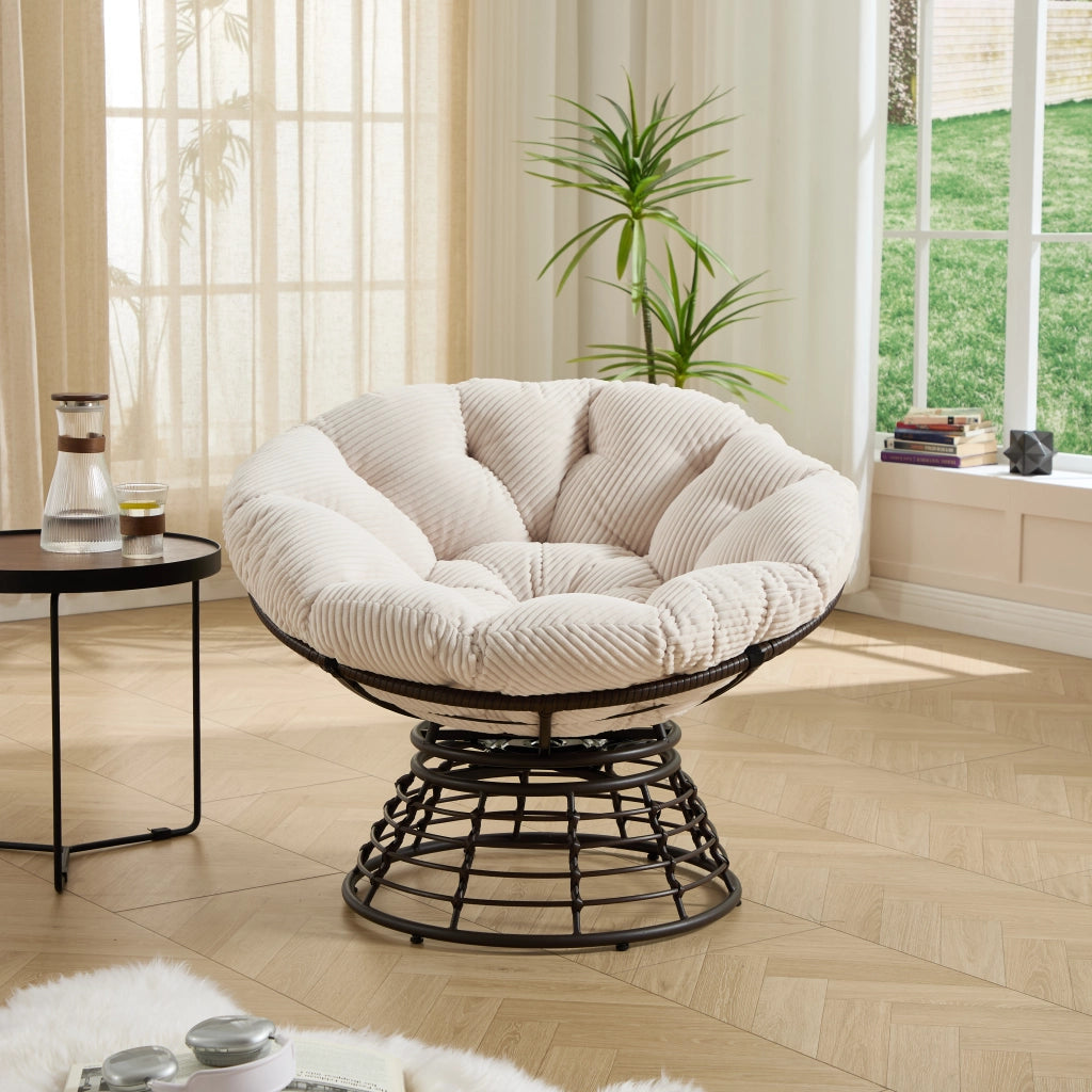 OKWISH Poltrona Papasan Girevole 360° Ergonomica con Cuscino Imbottito per Soggiorno e Camera in Acciaio e Rattan PE Bianco 92 × 67 cm