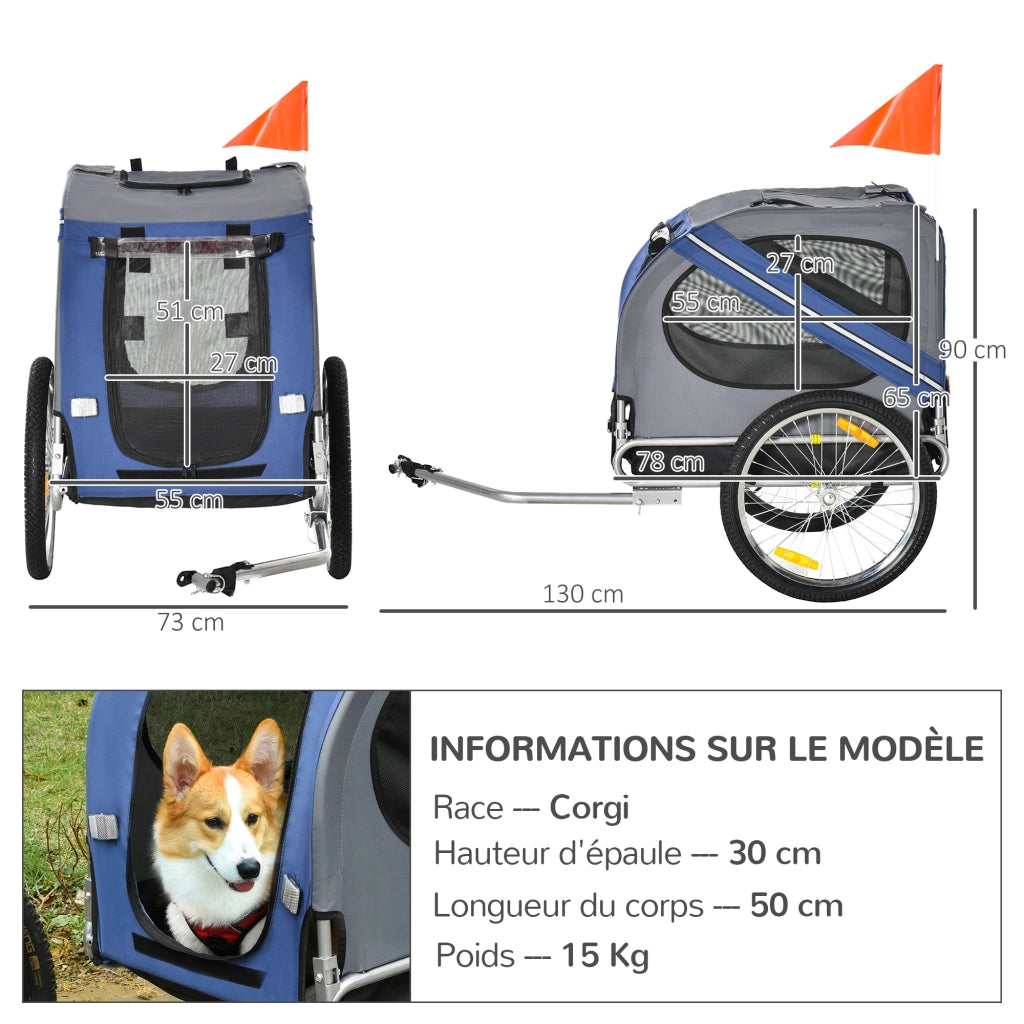 Rimorchio per Cani da Bicicletta ¨C Xylo ¨C Impermeabile con Bandiera e 8 Riflettori, 130x73x90 cm, Blu