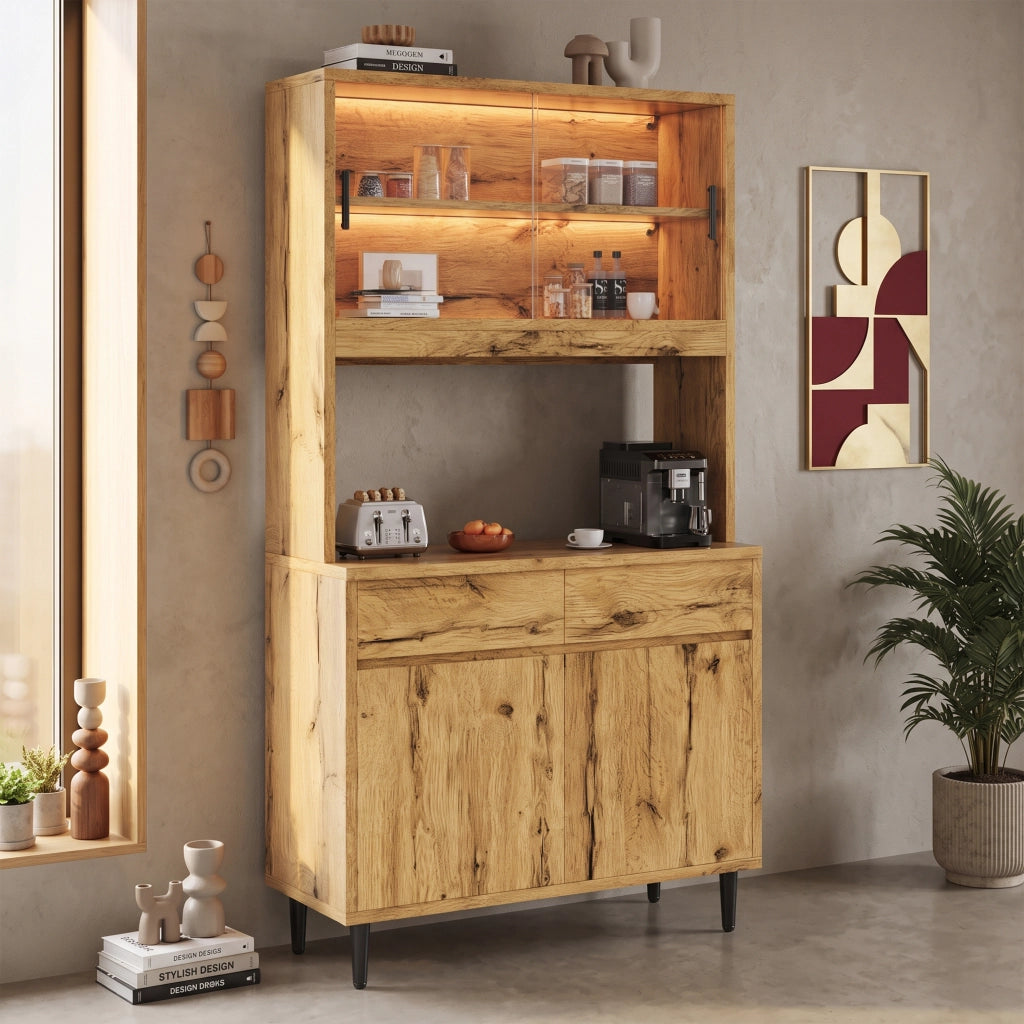 Credenza alta con LED e prese con 1 USB-A e 1 USB-C per soggiorno e sala da pranzo, 100 × 40 × 185 cm